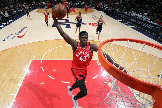 WASHINGTON, DC - JANUARY 13: Pascal Siakam #43 of the Toronto Raptors dunks the ball against the Washington Wizards  on January 13, 2019 at Capital One Arena in Washington, DC. NOTE TO USER: User expressly acknowledges and agrees that, by downloading and/or using this photograph, user is consenting to the terms and conditions of the Getty Images License Agreement. Mandatory Copyright Notice: Copyright 2019 NBAE (Photo by Ned Dishman/NBAE via Getty Images)