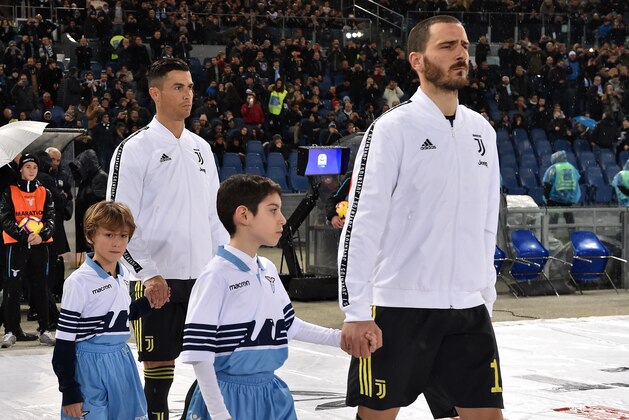 ROME, ITALY - JANUARY 27:  Leonardo Bonucci and Cristiano Ronaldo of Juventus prior the Serie A match between SS Lazio and Juventus at Stadio Olimpico on January 27, 2019 in Rome, Italy.  (Photo by Giuseppe Bellini/Getty Images)