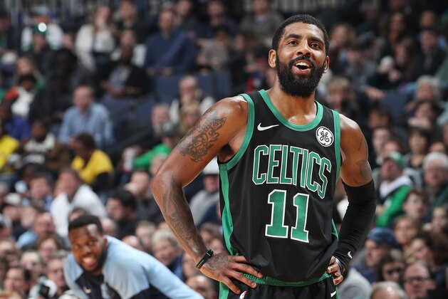 MEMPHIS, TN - DECEMBER 29:  Kyrie Irving #11 of the Boston Celtics smiles against the Memphis Grizzlies on December 29, 2018 at FedExForum in Memphis, Tennessee. NOTE TO USER: User expressly acknowledges and agrees that, by downloading and or using this photograph, User is consenting to the terms and conditions of the Getty Images License Agreement. Mandatory Copyright Notice: Copyright 2018 NBAE (Photo by Joe Murphy/NBAE via Getty Images)