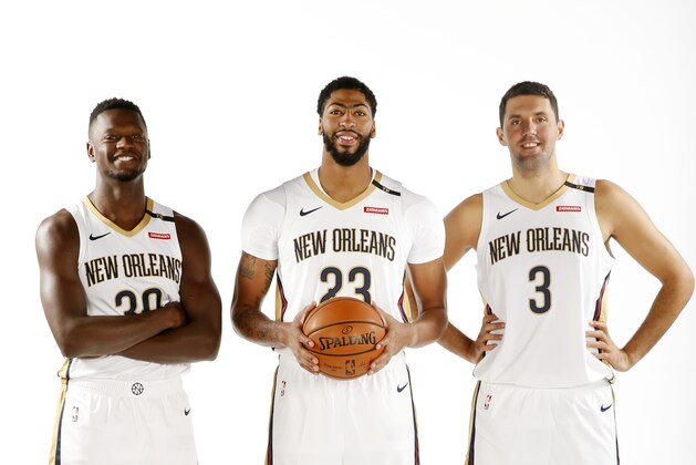 NEW ORLEANS, LA - SEPTEMBER 24: Julius Randle #30  Anthony Davis #23 and Nikola Mirotic #3 of the New Orleans Pelicans pose for a portrait during the 2018 NBA Media Day on September 24, 2018 at the Ochsner Sports Performance Center in New Orleans, Louisiana. NOTE TO USER: User expressly acknowledges and agrees that, by downloading and or using this Photograph, user is consenting to the terms and conditions of the Getty Images License Agreement. Mandatory Copyright Notice: Copyright 2018 NBAE (Photo by Jonathan Bachman/NBAE via Getty Images)