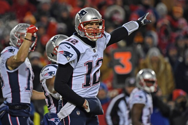 KANSAS CITY, MO - JANUARY 20: Quarterback Tom Brady #12 of the New England Patriots calls out instructions at the line during the first half of the AFC Championship Game against the Kansas City Chiefs at Arrowhead Stadium on January 20, 2019 in Kansas City, Missouri. (Photo by Peter G. Aiken/Getty Images) KANSAS CITY, MO - JANUARY 20: Quarterback Tom Brady #12 of the New England Patriots calls out instructions at the line during the first half of the AFC Championship Game against the Kansas City Chiefs at Arrowhead Stadium on January 20, 2019 in Kansas City, Missouri. (Photo by Peter G. Aiken/Getty Images)