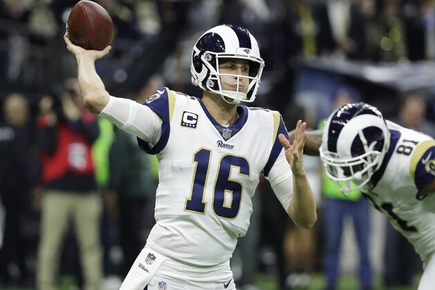 Los Angeles Rams' Jared Goff throws during the first half of the NFL football NFC championship game against the New Orleans Saints, Sunday, Jan. 20, 2019, in New Orleans. (AP Photo/David J. Phillip)