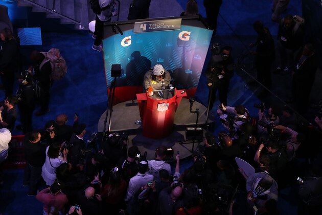 ATLANTA, GEORGIA - JANUARY 28:  Running back Todd Gurley #30 of the Los Angeles Rams talks to the media during Super Bowl LIII Opening Night at State Farm Arena on January 28, 2019 in Atlanta, Georgia. (Photo by Rob Carr/Getty Images)