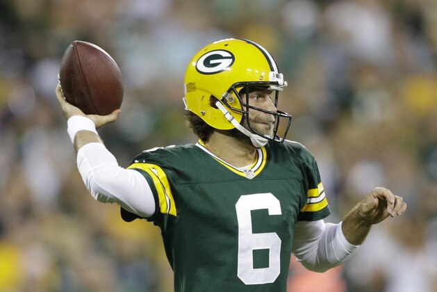 Green Bay Packers' Graham Harrell during the first half of an NFL preseason football game against the Seattle Seahawks Friday, Aug. 23, 2013, in Green Bay, Wis. (AP Photo/Jeffrey Phelps)