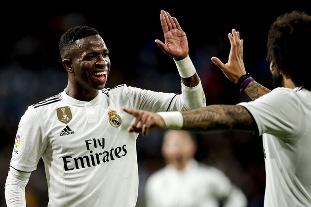 MADRID, SPAIN - JANUARY 24: (L-R) Vinicius Junior of Real Madrid, Marcelo of Real Madrid during the Spanish Copa del Rey  match between Real Madrid v Girona at the Santiago Bernabeu on January 24, 2019 in Madrid Spain (Photo by David S. Bustamante/Soccrates/Getty Images)