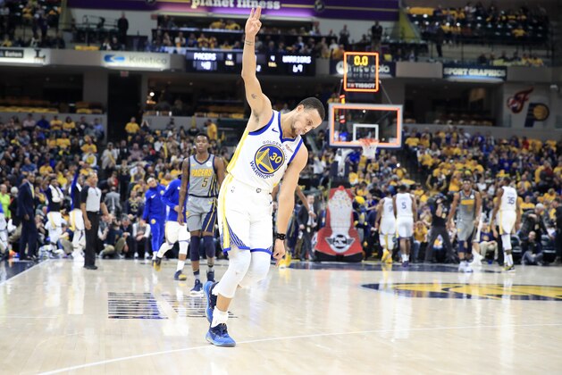INDIANAPOLIS, INDIANA - JANUARY 28:   Stephen Curry #30 of the Golden State Warriors celebrates after making a basket to end the first half against the Indiana Pacers at Bankers Life Fieldhouse on January 28, 2019 in Indianapolis, Indiana. (Photo by Andy Lyons/Getty Images)