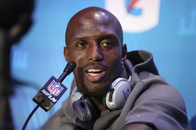 New England Patriots defensive back Devin McCourty answers questions during opening night for the NFL Super Bowl 53 football game at State Farm Arena, Monday, Jan. 28, 2019, in Atlanta. (AP Photo/Steve Luciano)
