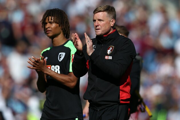 BURNLEY, ENGLAND - MAY 13:  Nathan Ake of AFC Bournemouth and Eddie Howe, Manager of AFC Bournemouth shows appreciation to the fans during the lap of honour after the Premier League match between Burnley and AFC Bournemouth at Turf Moor on May 13, 2018 in Burnley, England.  (Photo by Jan Kruger/Getty Images)