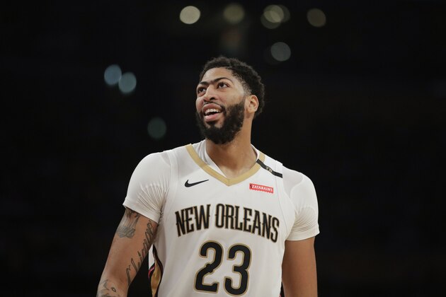 New Orleans Pelicans' Anthony Davis smiles during the second half of an NBA basketball game against the Los Angeles Lakers, Friday, Dec. 21, 2018, in Los Angeles. (AP Photo/Jae C. Hong)