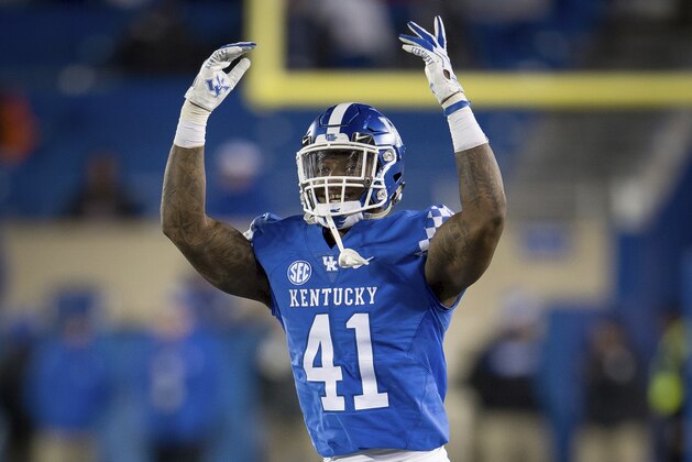 Kentucky linebacker Josh Allen (41) motivates the fans during the second half of an NCAA college football game in Lexington, Ky., Saturday, Oct. 20, 2018. (AP Photo/Bryan Woolston)