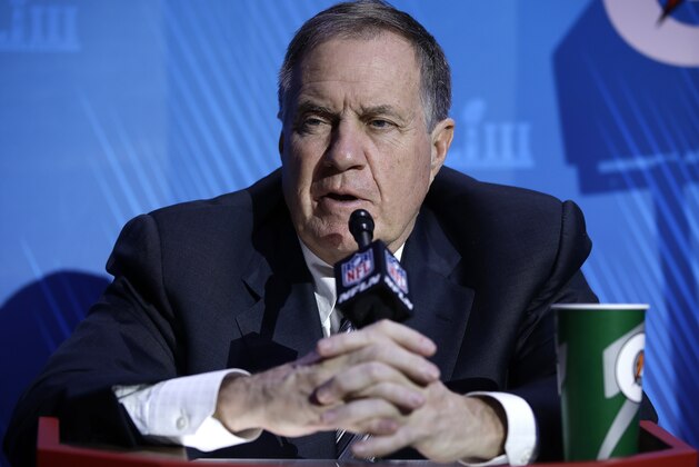 New England Patriots head coach Bill Belichick answers a question during Opening Night for the NFL Super Bowl 53 football game Monday, Jan. 28, 2019, in Atlanta. (AP Photo/Matt Rourke)