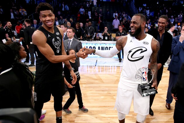 LOS ANGELES, CA - FEBRUARY 18: LeBron James #23 of Team LeBron and Giannis Antetokounmpo #34 of Team Stephen after the NBA All-Star Game as a part of 2018 NBA All-Star Weekend at STAPLES Center on February 18, 2018 in Los Angeles, California. NOTE TO USER: User expressly acknowledges and agrees that, by downloading and/or using this photograph, user is consenting to the terms and conditions of the Getty Images License Agreement. Mandatory Copyright Notice: Copyright 2018 NBAE (Photo by Nathaniel S. Butler/NBAE via Getty Images) LOS ANGELES, CA - FEBRUARY 18: LeBron James #23 of Team LeBron and Giannis Antetokounmpo #34 of Team Stephen after the NBA All-Star Game as a part of 2018 NBA All-Star Weekend at STAPLES Center on February 18, 2018 in Los Angeles, California. NOTE TO USER: User expressly acknowledges and agrees that, by downloading and/or using this photograph, user is consenting to the terms and conditions of the Getty Images License Agreement. Mandatory Copyright Notice: Copyright 2018 NBAE (Photo by Nathaniel S. Butler/NBAE via Getty Images)