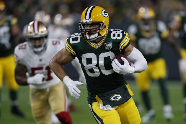 Green Bay Packers tight end Jimmy Graham (80) runs with the ball after a catch against the San Francisco 49ers during an NFL football game Monday, Oct. 15, 2018, in Green Bay, Wis. The Packers won 33-30. (Jeff Haynes/AP Images for Panini)