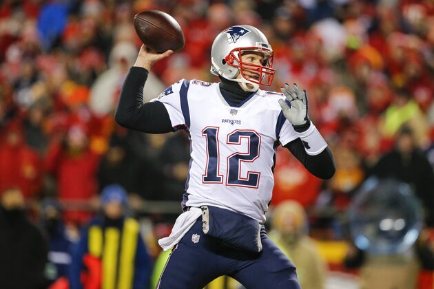 KANSAS CITY, MO - JANUARY 20: Quarterback Tom Brady #12 of the New England Patriots throws an interception in the Patriots' end zone in the first quarter during the AFC Championship Game against the Kansas City Chiefs at Arrowhead Stadium on January 20, 2019 in Kansas City, Missouri. (Photo by David Eulitt/Getty Images)