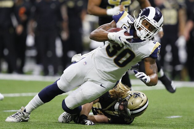NEW ORLEANS, LOUISIANA - JANUARY 20: Todd Gurley #30 of the Los Angeles Rams runs the ball against the New Orleans Saints during the fourth quarter  in the NFC Championship game at the Mercedes-Benz Superdome on January 20, 2019 in New Orleans, Louisiana. (Photo by Kevin C.  Cox/Getty Images)