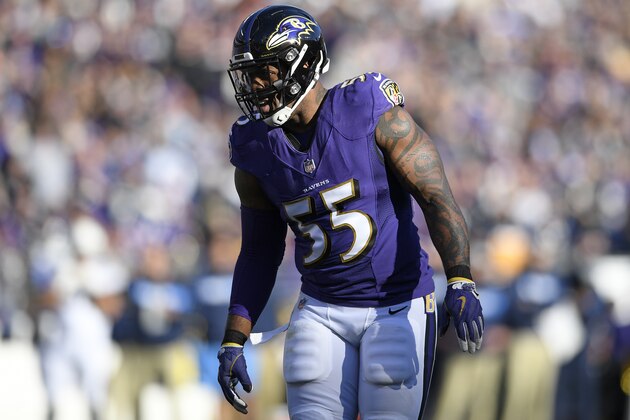 Baltimore Ravens outside linebacker Terrell Suggs stands on the field in the first half of an NFL wild card playoff football game against the Los Angeles Chargers, Sunday, Jan. 6, 2019, in Baltimore. (AP Photo/Nick Wass)
