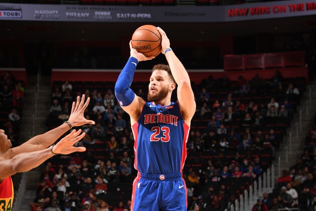DETROIT, MI - JANUARY 29: Blake Griffin #23 of the Detroit Pistons shoots a three-pointer against the Milwaukee Bucks on January 29, 2019 at Little Caesars Arena in Detroit, Michigan. NOTE TO USER: User expressly acknowledges and agrees that, by downloading and/or using this photograph, User is consenting to the terms and conditions of the Getty Images License Agreement. Mandatory Copyright Notice: Copyright 2019 NBAE (Photo by Chris Schwegler/NBAE via Getty Images)