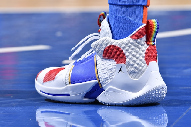 ORLANDO, FL - JANUARY 29: The sneakers of Russell Westbrook #0 of the Oklahoma City Thunder during the game against the Orlando Magic on January 29, 2019 at Amway Center in Orlando, Florida. NOTE TO USER: User expressly acknowledges and agrees that, by downloading and/or using this photograph, user is consenting to the terms and conditions of the Getty Images License Agreement. Mandatory Copyright Notice: Copyright 2019 NBAE (Photo by Fernando Medina/NBAE via Getty Images)