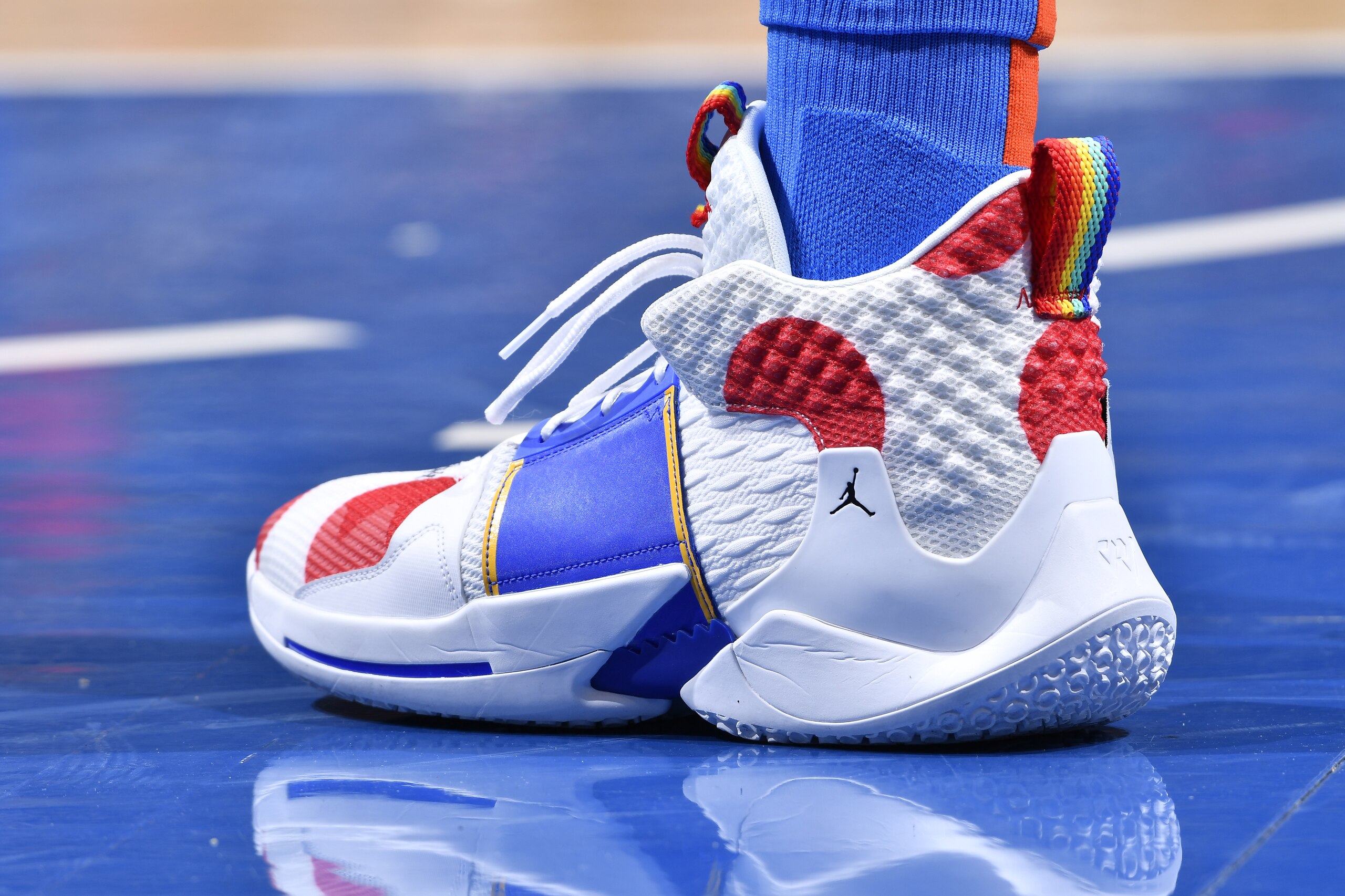 ORLANDO, FL - JANUARY 29: The sneakers of Russell Westbrook #0 of the Oklahoma City Thunder during the game against the Orlando Magic on January 29, 2019 at Amway Center in Orlando, Florida. NOTE TO USER: User expressly acknowledges and agrees that, by downloading and/or using this photograph, user is consenting to the terms and conditions of the Getty Images License Agreement. Mandatory Copyright Notice: Copyright 2019 NBAE (Photo by Fernando Medina/NBAE via Getty Images) ORLANDO, FL - JANUARY 29: The sneakers of Russell Westbrook #0 of the Oklahoma City Thunder during the game against the Orlando Magic on January 29, 2019 at Amway Center in Orlando, Florida. NOTE TO USER: User expressly acknowledges and agrees that, by downloading and/or using this photograph, user is consenting to the terms and conditions of the Getty Images License Agreement. Mandatory Copyright Notice: Copyright 2019 NBAE (Photo by Fernando Medina/NBAE via Getty Images)