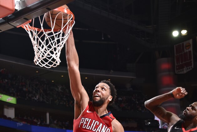 HOUSTON, TX - JANUARY 29: Jahlil Okafor #8 of the New Orleans Pelicans dunks the ball against the Houston Rocketson January 29, 2019 at the Toyota Center in Houston, Texas. NOTE TO USER: User expressly acknowledges and agrees that, by downloading and or using this photograph, User is consenting to the terms and conditions of the Getty Images License Agreement. Mandatory Copyright Notice: Copyright 2019 NBAE (Photo by Bill Baptist/NBAE via Getty Images)