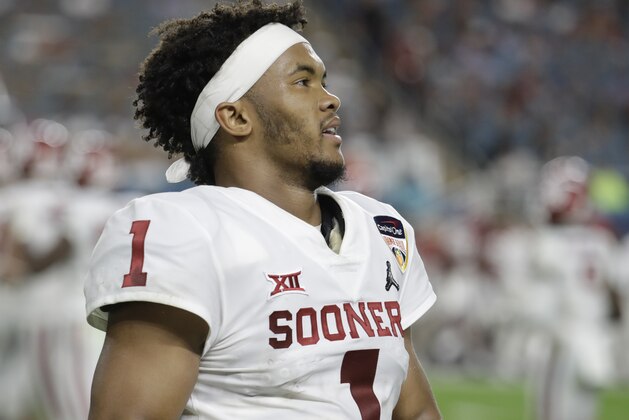 Oklahoma quarterback Kyler Murray (1) looks up, during the first half of the Orange Bowl NCAA college football game against Alabama, Saturday, Dec. 29, 2018, in Miami Gardens, Fla. (AP Photo/Lynne Sladky) Oklahoma quarterback Kyler Murray (1) looks up, during the first half of the Orange Bowl NCAA college football game against Alabama, Saturday, Dec. 29, 2018, in Miami Gardens, Fla. (AP Photo/Lynne Sladky)