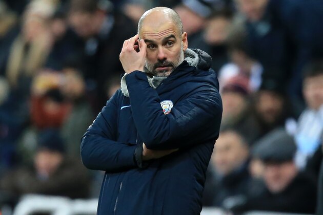 Manchester City's Spanish manager Pep Guardiola gestures on the touchline during the English Premier League football match between Newcastle United and Manchester City at St James' Park in Newcastle-upon-Tyne, north east England on January 29, 2019. (Photo by Lindsey PARNABY / AFP) / RESTRICTED TO EDITORIAL USE. No use with unauthorized audio, video, data, fixture lists, club/league logos or 'live' services. Online in-match use limited to 120 images. An additional 40 images may be used in extra time. No video emulation. Social media in-match use limited to 120 images. An additional 40 images may be used in extra time. No use in betting publications, games or single club/league/player publications. /         (Photo credit should read LINDSEY PARNABY/AFP/Getty Images)