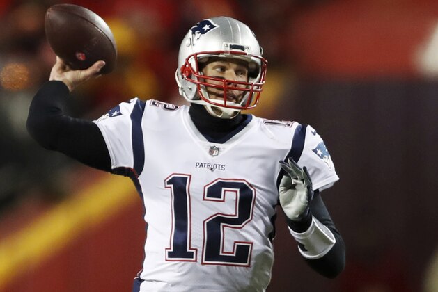 New England Patriots quarterback Tom Brady (12) throws a pass during the first half of the AFC Championship NFL football game against the Kansas City Chiefs, Sunday, Jan. 20, 2019, in Kansas City, Mo. (AP Photo/Jeff Roberson)