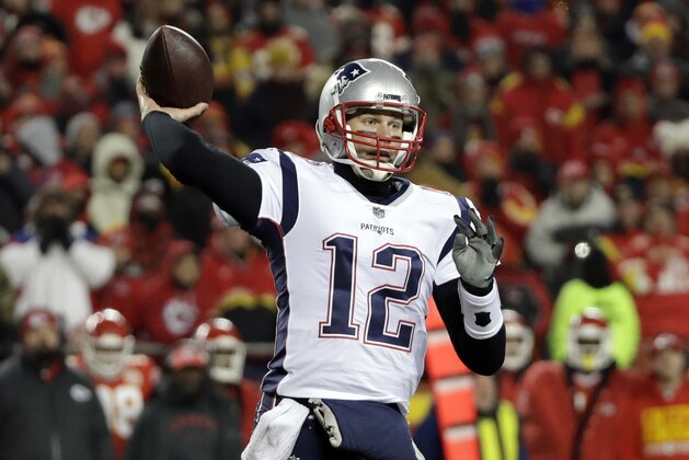 New England Patriots quarterback Tom Brady (12) throws a pass during the second half of the AFC Championship NFL football game against the Kansas City Chiefs, Sunday, Jan. 20, 2019, in Kansas City, Mo. (AP Photo/Elise Amendola)