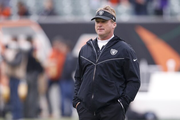 Oakland Raiders head coach Jon Gruden works the field during practice before an NFL football game against the Cincinnati Bengals, Sunday, Dec. 16, 2018, in Cincinnati. (AP Photo/Gary Landers)