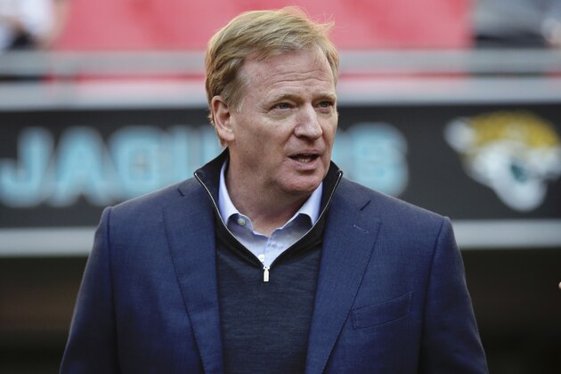 NFL commissioner Roger Goodell arrives for the warm-up before an NFL football game between Jacksonville Jaguars and Philadelphia Eagles at Wembley stadium in London, Sunday, Oct. 28, 2018. (AP Photo/Tim Ireland) NFL commissioner Roger Goodell arrives for the warm-up before an NFL football game between Jacksonville Jaguars and Philadelphia Eagles at Wembley stadium in London, Sunday, Oct. 28, 2018. (AP Photo/Tim Ireland)
