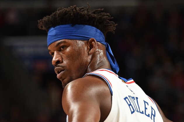 PHILADELPHIA, PA - JANUARY 19:  Jimmy Butler #23 of the Philadelphia 76ers looks on against the Oklahoma City Thunder on January 19, 2019 at the Wells Fargo Center in Philadelphia, Pennsylvania NOTE TO USER: User expressly acknowledges and agrees that, by downloading and/or using this Photograph, user is consenting to the terms and conditions of the Getty Images License Agreement. Mandatory Copyright Notice: Copyright 2019 NBAE (Photo by David Dow/NBAE via Getty Images)
