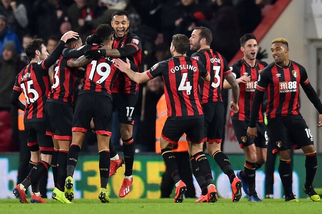 Bournemouth's Norwegian striker Joshua King (5L) celebrates scoring his team's third goal during the English Premier League football match between Bournemouth and Chelsea at the Vitality Stadium in Bournemouth, southern England on January 30, 2019. (Photo by Glyn KIRK / AFP) / RESTRICTED TO EDITORIAL USE. No use with unauthorized audio, video, data, fixture lists, club/league logos or 'live' services. Online in-match use limited to 120 images. An additional 40 images may be used in extra time. No video emulation. Social media in-match use limited to 120 images. An additional 40 images may be used in extra time. No use in betting publications, games or single club/league/player publications. /         (Photo credit should read GLYN KIRK/AFP/Getty Images)