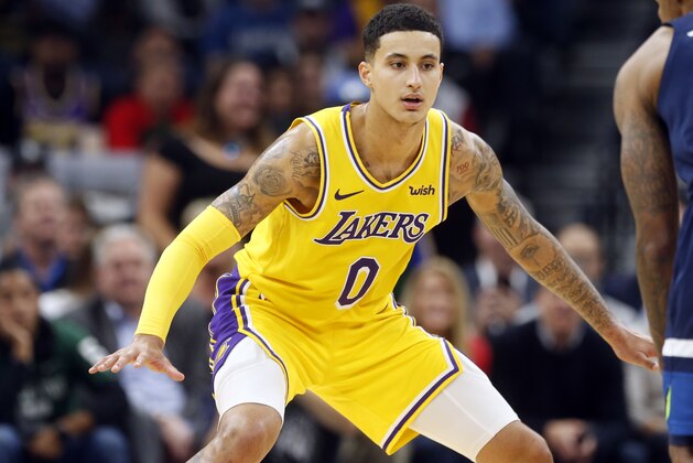 Los Angeles Lakers' Kyle Kuzma plays against the Minnesota Timberwolves in an NBA basketball game Monday, Oct. 29, 2018, in Minneapolis. (AP Photo/Jim Mone)