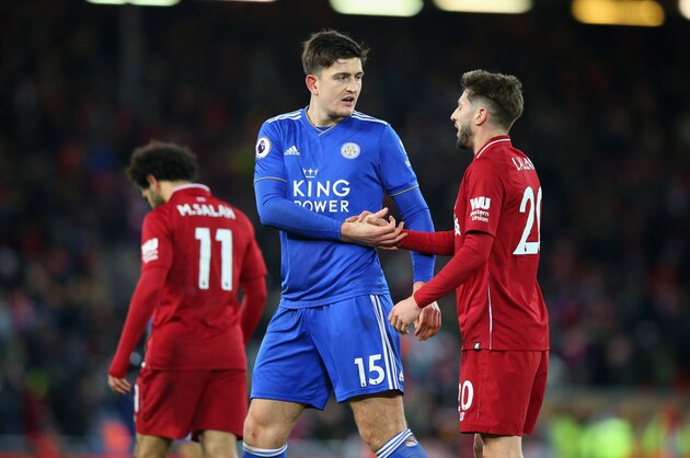 LIVERPOOL, ENGLAND - JANUARY 30:  Harry Maguire of Leicester City shakes hands with Adam Lallana  of Liverpool FC after the Premier League match between Liverpool FC and Leicester City at Anfield on January 30, 2019 in Liverpool, United Kingdom.  (Photo by Alex Livesey - Danehouse/Getty Images)