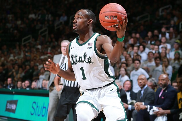 EAST LANSING, MI - DECEMBER 03: Joshua Langford #1 of the Michigan State Spartans handles the ball during a game against the Iowa Hawkeyes in the first half at Breslin Center on December 3, 2018 in East Lansing, Michigan. (Photo by Rey Del Rio/Getty Images)