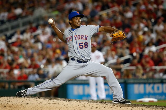 WASHINGTON, DC - JULY 21: Pitcher Jenrry Mejia #58 of the New York Mets throws to a Washington Nationals batter in the seventh inning of the Mets 7-2 win at Nationals Park on July 21, 2015 in Washington, DC.  (Photo by Rob Carr/Getty Images)