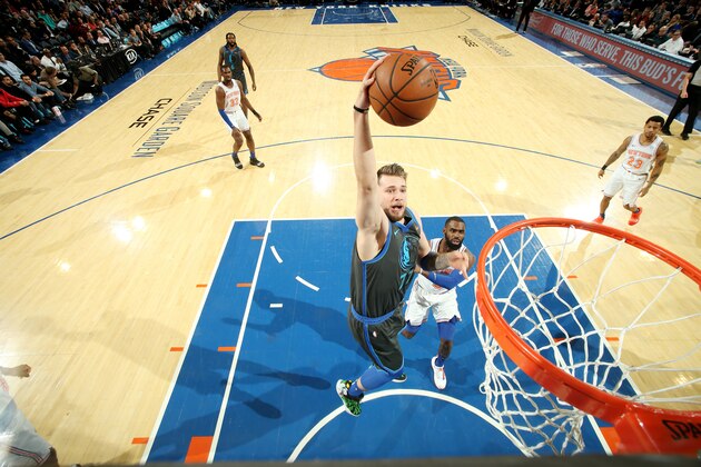 NEW YORK, NY - JANUARY 30:  Luka Doncic #77 of the Dallas Mavericks dunks the ball against the New York Knicks on January 30, 2019 at Madison Square Garden in New York City, New York.  NOTE TO USER: User expressly acknowledges and agrees that, by downloading and or using this photograph, User is consenting to the terms and conditions of the Getty Images License Agreement. Mandatory Copyright Notice: Copyright 2019 NBAE  (Photo by Nathaniel S. Butler/NBAE via Getty Images)