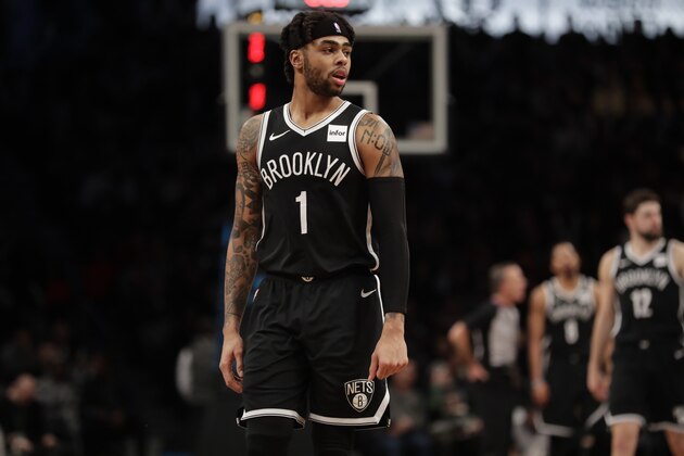 Brooklyn Nets' D'Angelo Russell (1) during the second half of an NBA basketball game against the Atlanta Hawks Wednesday, Jan. 9, 2019, in New York. The Nets won 116-100. (AP Photo/Frank Franklin II)