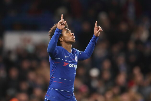 LONDON, ENGLAND - JANUARY 27: Willian of Chelsea celebrates after scoring a goal to make it 3-0 during the FA Cup Fourth Round match between Chelsea and Sheffield Wednesday at Stamford Bridge on January 27, 2019 in London, United Kingdom. (Photo by James Williamson - AMA/Getty Images)