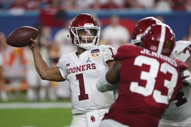 Oklahoma quarterback Kyler Murray (1) looks to pass, during the second half of the Orange Bowl NCAA college football game against Alabama, Saturday, Dec. 29, 2018, in Miami Gardens, Fla. (AP Photo/Wilfredo Lee)
