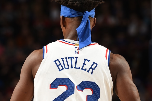 PHILADELPHIA, PA - JANUARY 19:  Jimmy Butler #23 of the Philadelphia 76ers looks on against the Oklahoma City Thunder on January 19, 2019 at the Wells Fargo Center in Philadelphia, Pennsylvania NOTE TO USER: User expressly acknowledges and agrees that, by downloading and/or using this Photograph, user is consenting to the terms and conditions of the Getty Images License Agreement. Mandatory Copyright Notice: Copyright 2019 NBAE (Photo by David Dow/NBAE via Getty Images)