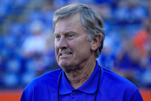 GAINESVILLE, FL - SEPTEMBER 01:  Steve Spurrier watches warmups prior to the game between the Florida Gators and the Charleston Southern Buccaneers at Ben Hill Griffin Stadium on September 1, 2018 in Gainesville, Florida.  (Photo by Sam Greenwood/Getty Images)