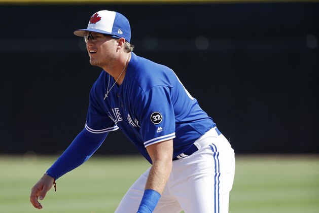 DUNEDIN, FL - FEBRUARY 27: Kacy Clemens #44 of the Toronto Blue Jays plays defense at first base during a Grapefruit League spring training game against the New York Yankees at Florida Auto Exchange Stadium on February 27, 2018 in Dunedin, Florida. The Yankees won 9-8. (Photo by Joe Robbins/Getty Images)