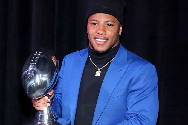 ATLANTA, GA - JANUARY 31:  New York Giants Running Back Saquon Barkley named 2018 Pepsi ® NFL Rookie of the Year at Radio Row on January 31, 2019 in Atlanta, Georgia.  (Photo by Robin Marchant/Getty Images for PepsiCo)