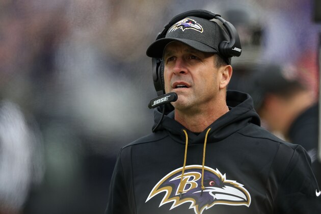 BALTIMORE, MD - NOVEMBER 18: Head Coach John Harbaugh of the Baltimore Ravens looks on from the sidelines during the first quarter against the Cincinnati Bengals at M&T Bank Stadium on November 18, 2018 in Baltimore, Maryland. (Photo by Patrick Smith/Getty Images)