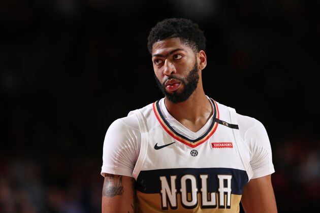 PORTLAND, OR - JANUARY 18:  Anthony Davis #23 of the New Orleans Pelicans looks on during the game against the Portland Trail Blazers on January 18, 2019 at the Moda Center Arena in Portland, Oregon. NOTE TO USER: User expressly acknowledges and agrees that, by downloading and or using this photograph, user is consenting to the terms and conditions of the Getty Images License Agreement. Mandatory Copyright Notice: Copyright 2019 NBAE (Photo by Sam Forencich/NBAE via Getty Images)