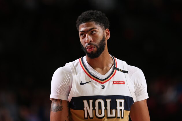 PORTLAND, OR - JANUARY 18:  Anthony Davis #23 of the New Orleans Pelicans looks on during the game against the Portland Trail Blazers on January 18, 2019 at the Moda Center Arena in Portland, Oregon. NOTE TO USER: User expressly acknowledges and agrees that, by downloading and or using this photograph, user is consenting to the terms and conditions of the Getty Images License Agreement. Mandatory Copyright Notice: Copyright 2019 NBAE (Photo by Sam Forencich/NBAE via Getty Images)