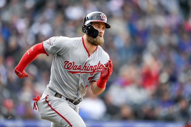 DENVER, CO - SEPTEMBER 30:  Bryce Harper #34 of the Washington Nationals runs out a ninth inning double against the Colorado Rockies at Coors Field on September 30, 2018 in Denver, Colorado.  (Photo by Dustin Bradford/Getty Images)