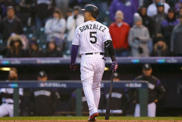 DENVER, CO - OCTOBER 07:  Carlos Gonzalez #5 of the Colorado Rockies reacts after striking out during the ninth inning of Game Three of the National League Division Series against the Milwaukee Brewers at Coors Field on October 7, 2018 in Denver, Colorado.  (Photo by Justin Edmonds/Getty Images)
