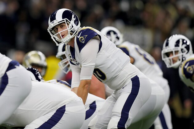 NEW ORLEANS, LOUISIANA - JANUARY 20: Jared Goff #16 of the Los Angeles Rams hikes the ball against the New Orleans Saints during the second half in the NFC Championship game at the Mercedes-Benz Superdome on January 20, 2019 in New Orleans, Louisiana. (Photo by Jonathan Bachman/Getty Images)